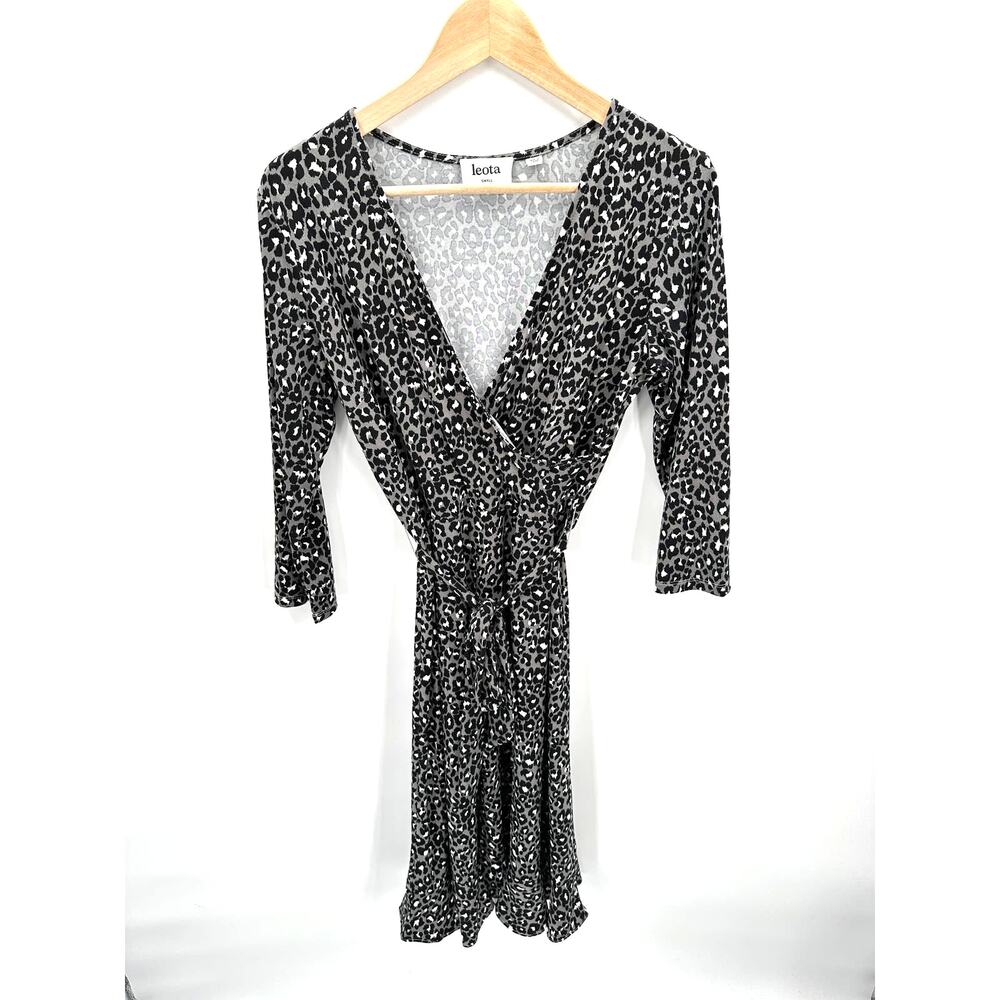 LEOTA Stitch Fix Libby Animal Print Long Sleeve Tie Waist Faux Wrap Dress // S